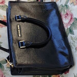Michael Kors Black Patent LeatherSatchel with Shoulder Strap Gold Hardware